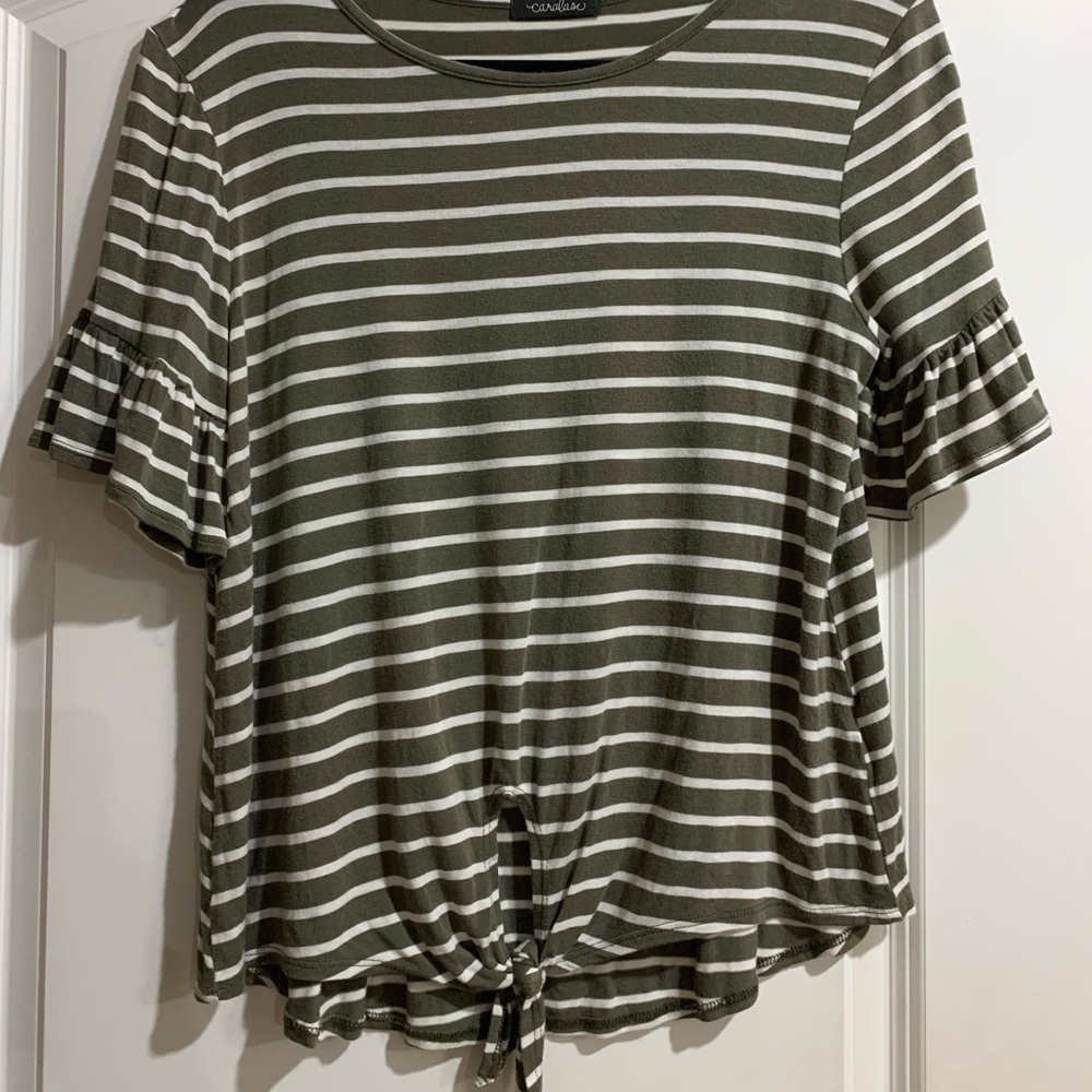 Caralase Olive Stripes Ruffle Tee